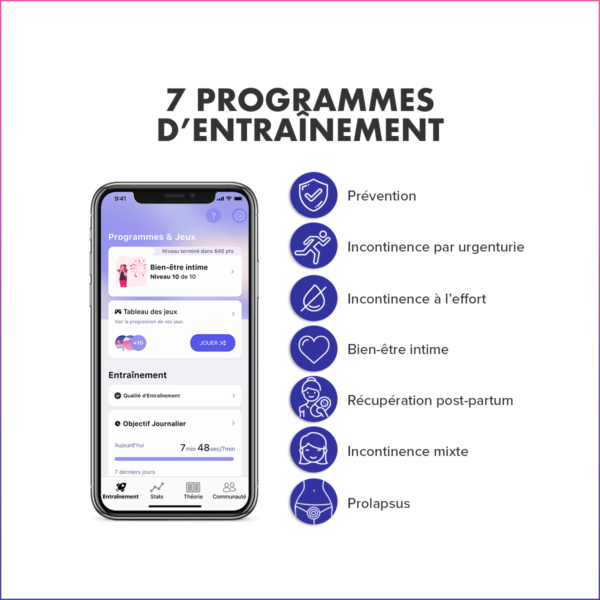 Smartphone affichant les programmes d’entraînement de Perifit, avec une liste des 7 programmes ciblant la prévention, l’incontinence, le bien-être intime, et plus