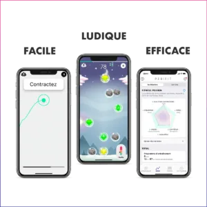 Trois écrans de l’application Perifit affichant un guide de contraction, un jeu interactif, et des statistiques d’entraînement