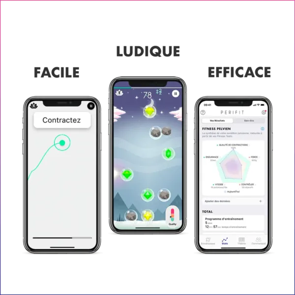 Trois écrans de l’application Perifit affichant un guide de contraction, un jeu interactif, et des statistiques d’entraînement