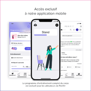 Présentation de l'application Perifit Care+ avec trois écrans : programmes d'entraînement, suivi des progrès, et communauté