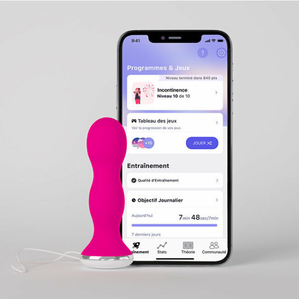Dispositif Perifit rose pour exercices de rééducation périnéale connecté à une application mobile affichant des programmes et des jeux.